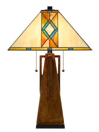 25" Height wood tone resin lamp with Square Tiffan