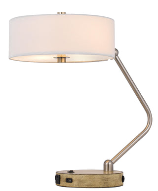 60W X 2 Marcos Metal Desk Lamp With Drum Fabric Shade And 1 Usb And 1 Type C Usb Charging Port With Rubber Wood Base