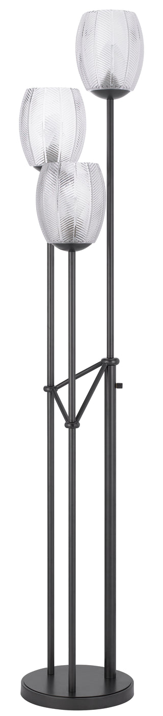 60W x 3 Oconto metal floor lamp with patterned glass shades.