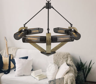 60W X 6 Baden Metal/Wood Chandelier With Mesh Shades (Edison Bulbs Are Not Included)