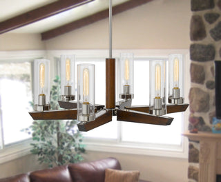 60W X 6 Ercolano Pine Wood/Metal Chandelier With Clear Glass Shade (Edison Bulbs Not Included)