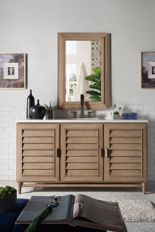 60 Inch Portland Freestanding Vanity in Whitewashed Walnut / Arctic Fall Top