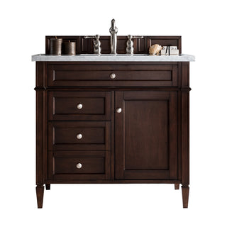 36 Inch Brittany Freestanding Vanity in Burnished Mahogany / Arctic Fall Solid Surface Top
