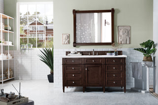 60 Inch Brittany Freestanding Vanity in Burnished Mahogany / Arctic Fall Solid Surface Top