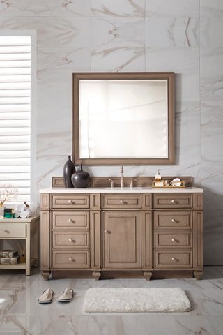 60 Inch Bristol Freestanding Vanity in Whitewashed Walnut / White Zeus Top