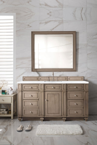 60 Inch Bristol Freestanding Vanity in Whitewashed Walnut / Arctic Fall Solid Surface Top