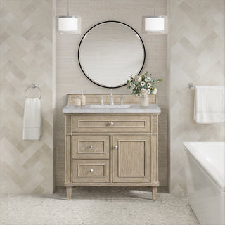 36 Inch Lorelai Freestanding Vanity in Whitewashed Oak / Victorian Silver Top