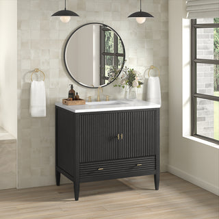 36 Inch Myrrin Freestanding Vanity in Carbon Oak / White Zeus Top
