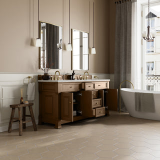 72 Inch Brookfield Freestanding Vanity in Pecan / Eternal Jasmine Pearl Top