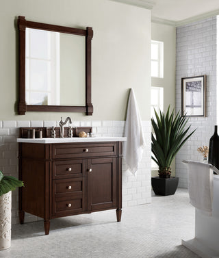 36 Inch Brittany Freestanding Vanity in Burnished Mahogany / Arctic Fall Solid Surface Top