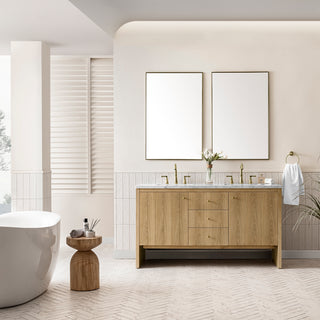 60 Inch Hudson Freestanding Vanity in Light Natural Oak / Carrara White Top