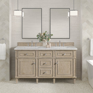 60 Inch Lorelai Freestanding Vanity in Whitewashed Oak / Eternal Jasmine Pearl Top