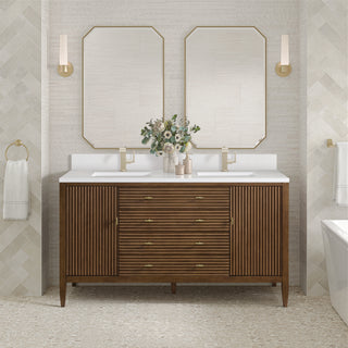 60 Inch Myrrin Freestanding Vanity in Mid-Century Walnut / White Zeus Top