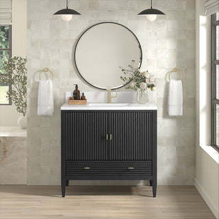 36 Inch Myrrin Freestanding Vanity in Carbon Oak / White Zeus Top