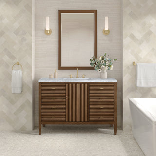 48 Inch Myrrin Freestanding Vanity in Mid-Century Walnut / Carrara White Top