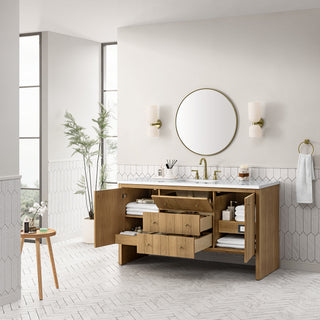 60 Inch Hudson Freestanding Vanity in Light Natural Oak / White Zeus Top