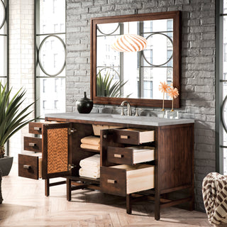 60 Inch Addison Freestanding Vanity in Mid-Century Acacia / Victorian Silver Top