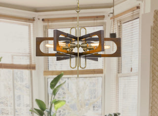 Sneek Six Light Chandelier in Antique Brass/Wood