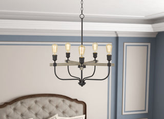 Sion Five Light Chandelier in Natural Wood/Iron