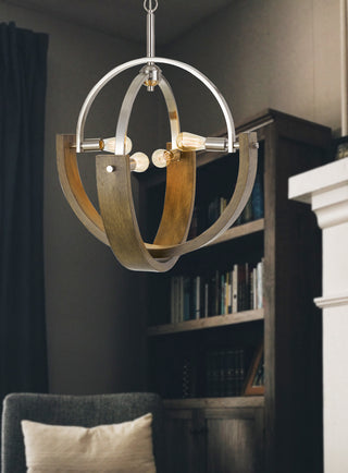 Rauma Four Light Chandelier in Wood/Brushed Steel