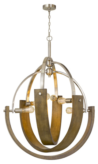 Rauma Six Light Chandelier in Wood/Brushed Steel