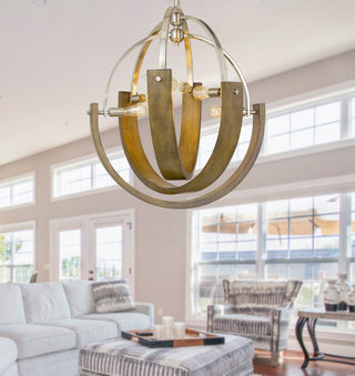 Rauma Six Light Chandelier in Wood/Brushed Steel