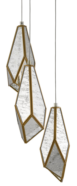 Glace Three Light Pendant in Raj Mirror/Antique Brass/Silver