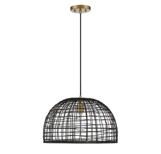 One Light Pendant in Black with Natural Brass Accents