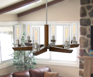 Ercolano Six Light Chandelier in Wood/Brushed Steel