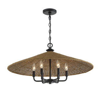 Eman Six Light Pendant in Matte Black with Dark Rattan