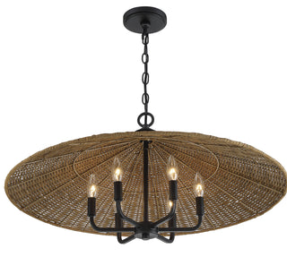 Eman Six Light Pendant in Matte Black with Dark Rattan