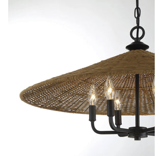 Eman Six Light Pendant in Matte Black with Dark Rattan