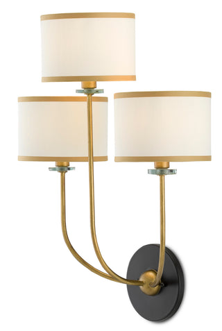 Croydon Three Light Wall Sconce in Brass/Satin Black/White