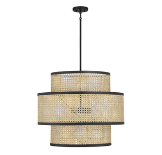 Three Light Pendant in Natural Cane with Matte Black