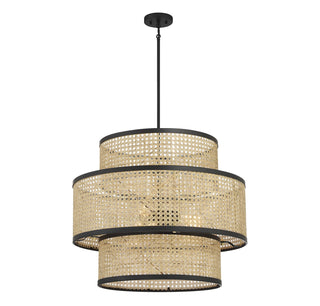Three Light Pendant in Natural Cane with Matte Black