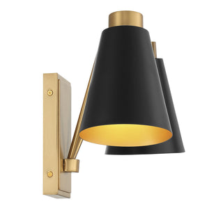 Two Light Wall Sconce in Matte Black with Natural Brass
