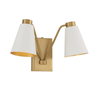 Two Light Wall Sconce in White with Natural Brass