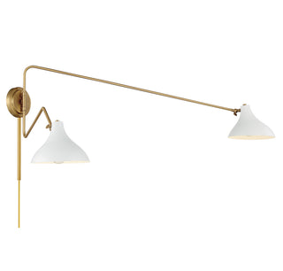 Two Light Wall Sconce in White with Natural Brass
