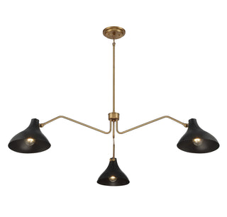 Three Light Pendant in Matte Black with Natural Brass