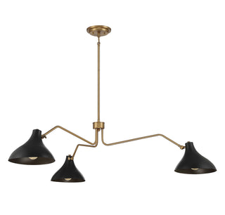 Three Light Pendant in Matte Black with Natural Brass