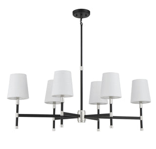 Brody Six Light Linear Chandelier in Matte Black with Polished Nickel Accents