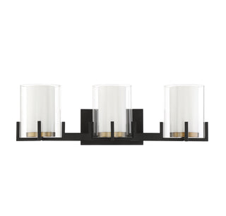 Eaton Three Light Bathroom Vanity in Matte Black with Warm Brass Accents