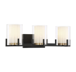 Eaton Three Light Bathroom Vanity in Matte Black with Warm Brass Accents