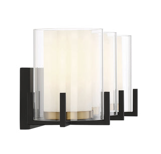 Eaton Three Light Bathroom Vanity in Matte Black with Warm Brass Accents