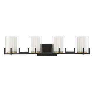 Eaton Four Light Bathroom Vanity in Matte Black with Warm Brass Accents