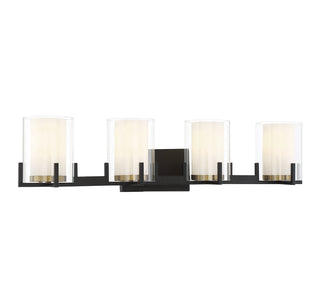Eaton Four Light Bathroom Vanity in Matte Black with Warm Brass Accents