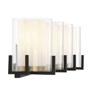 Eaton Four Light Bathroom Vanity in Matte Black with Warm Brass Accents