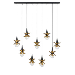 Portinatx Nine Light Linear Chandelier in Satin Black with Hammered Gold