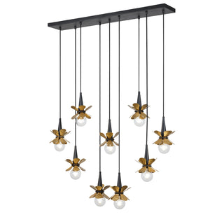 Portinatx Nine Light Linear Chandelier in Satin Black with Hammered Gold