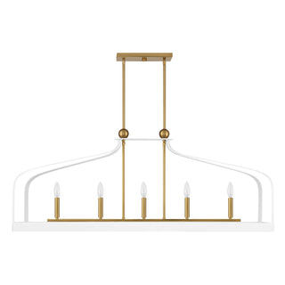 Sheffield Five Light Linear Chandelier in White with Warm Brass Accents